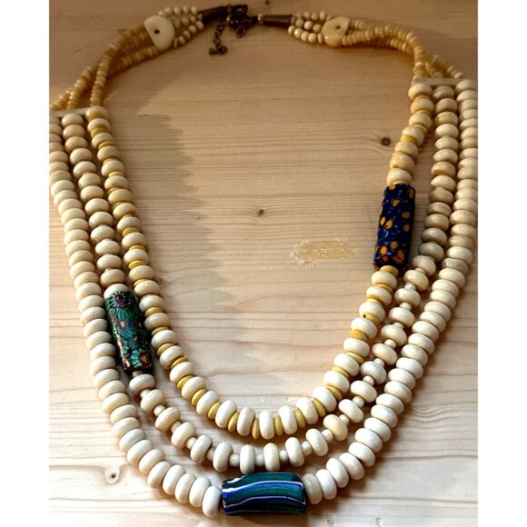 Vintage Venetian African Trade Bead Necklace Glass Carved Bone Layers Millefiori - Picture 9 of 12